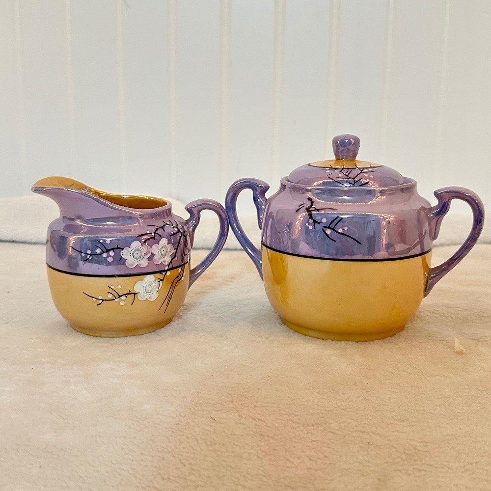 Vintage Lusterware Creamer Sugar Set Purple Yellow Cherry Blossom Excellent Vntg